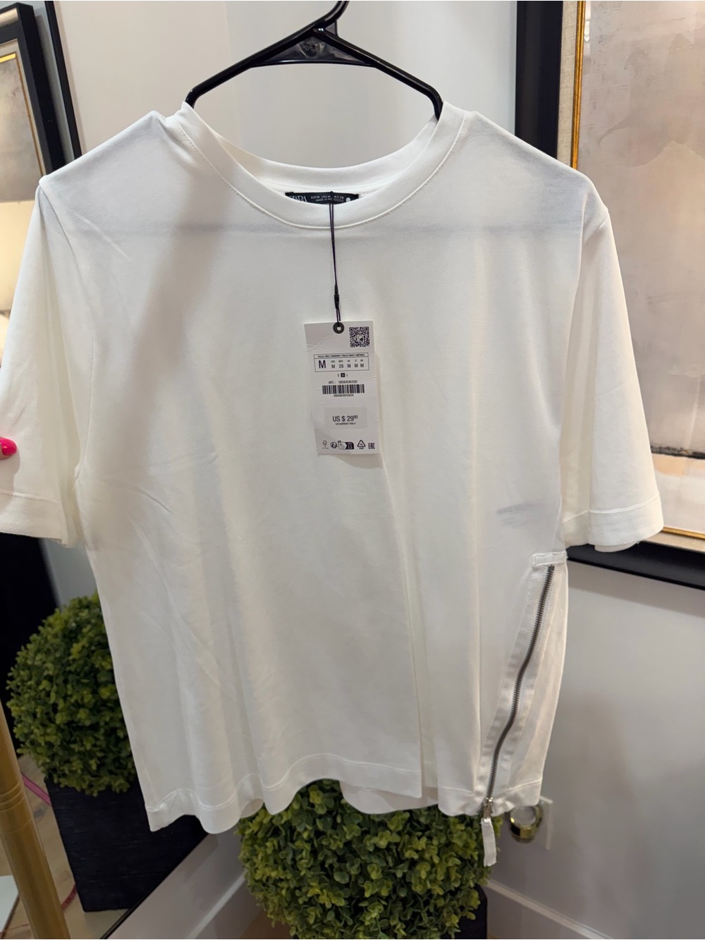Zara White Short-Sleeve Crewneck Tee with Side Zip